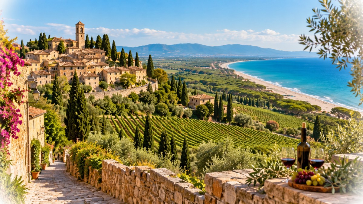 Castagneto carducci tuscany coastal landscape - travel and tour world Tuscan village overlooking coastal beach