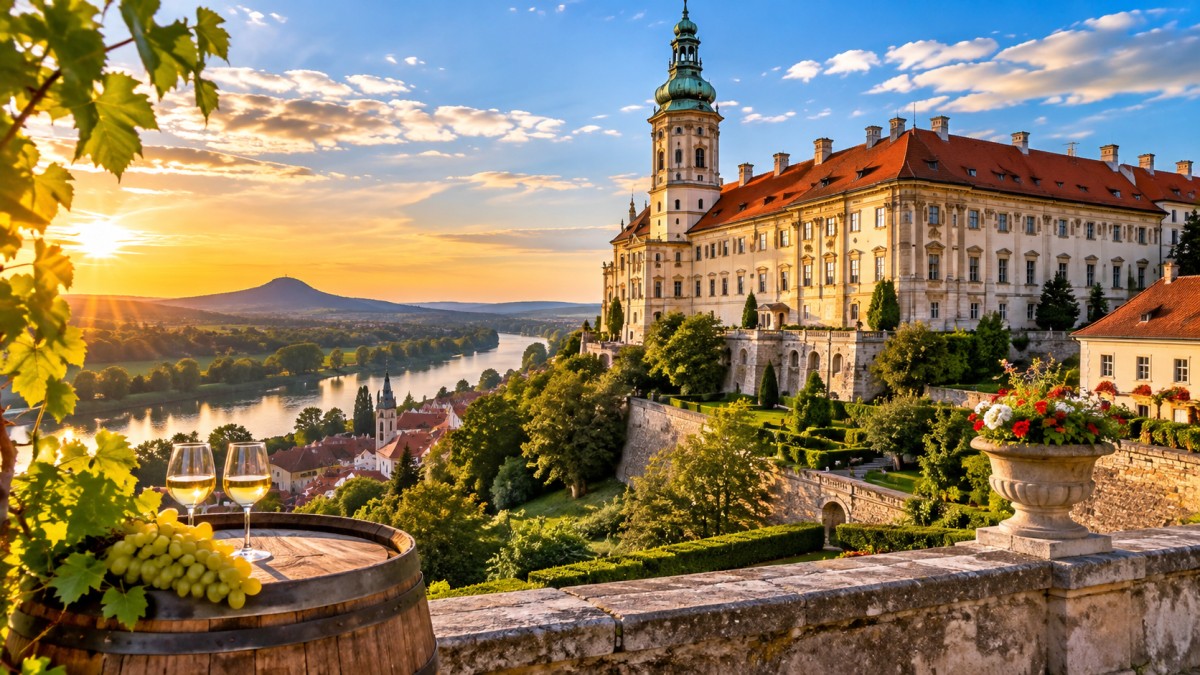 Castle overlooking river at sunset - travel and tour world Roudnice castle overlooking river valley