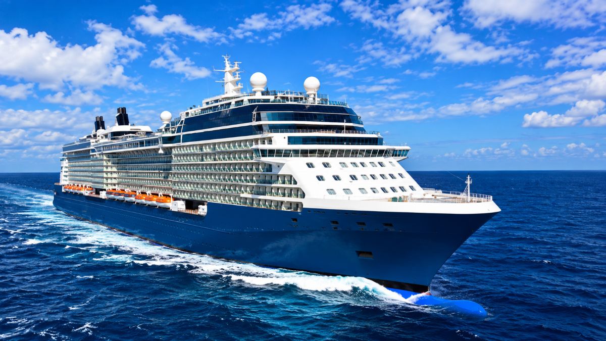 Celebrity eclipse cruise ship sailing along the sunlit coastlines of the adriatic sea near dubrovnik and the greek isles.