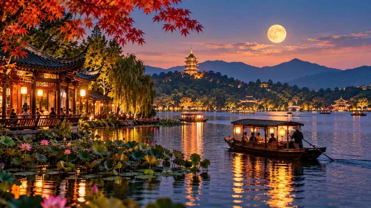 Autumn moonlight settles over hangzhou&rsquo;s west lake