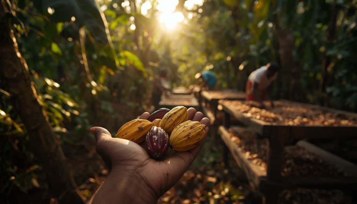 A close-up view of a person's hand holding a collection of fresh, ripe yellow and maroon cocoa pods against the backdrop of a sunlit cocoa farm in Ghana, with workers sorting cocoa beans on drying tables in the soft-focused background.   