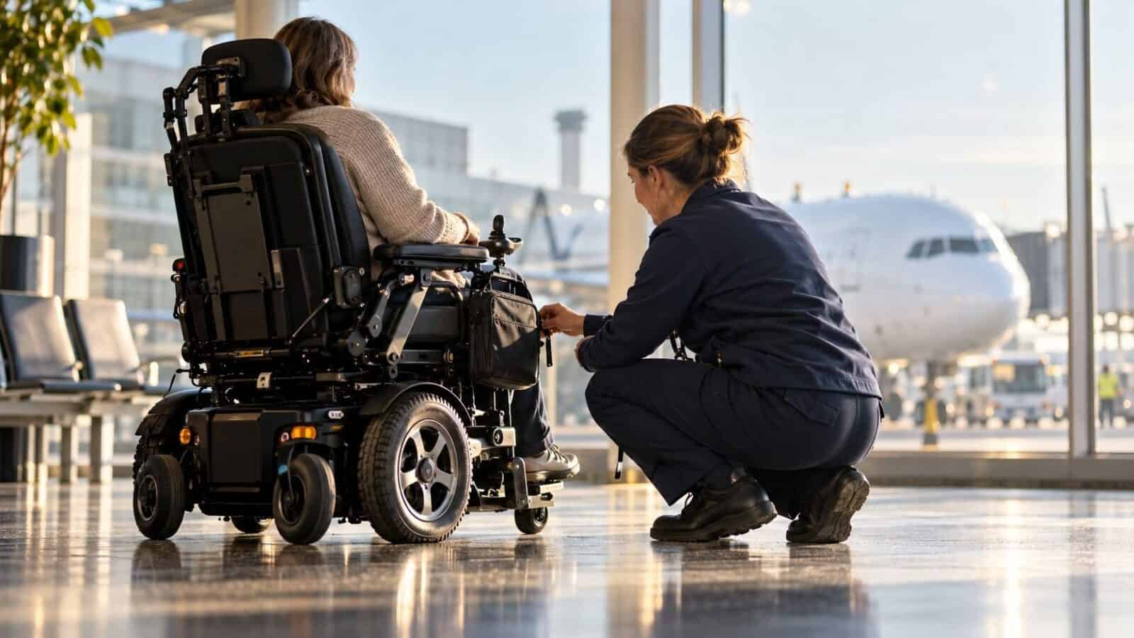 Uk - travel and tour world Airport worker checks wheelchair handling information, illustrating disabled air passenger support in the uk.