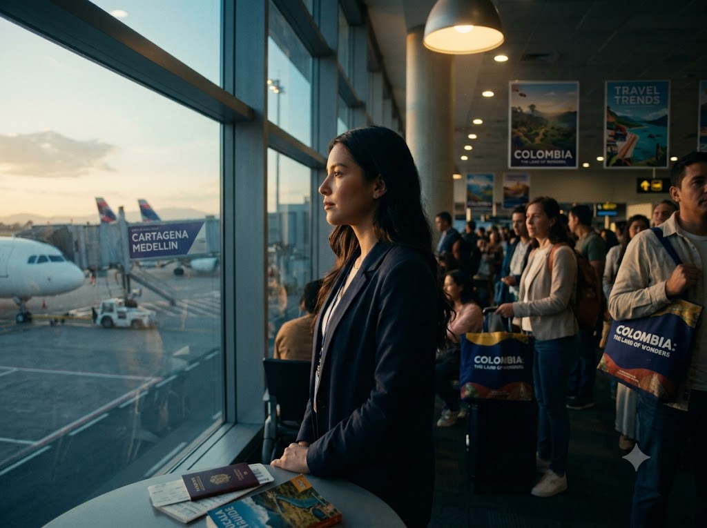 Colombia flights - travel and tour world Woman looking out of the airport
