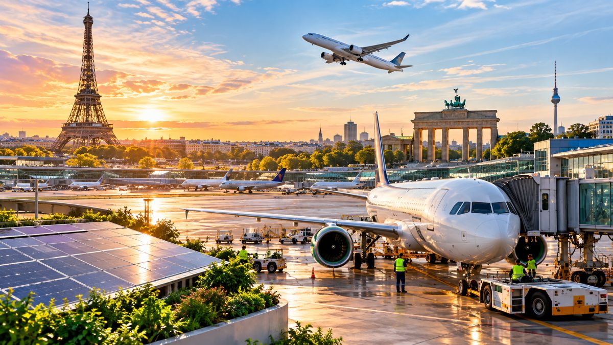 Commercial airliner ascending into blue skies above european airports showcasing sustainable aviation fuel decarbonisation initiatives - travel and tour world Commercial airliner ascending into blue skies above european airports showcasing sustainable aviation fuel decarbonisation initiatives.