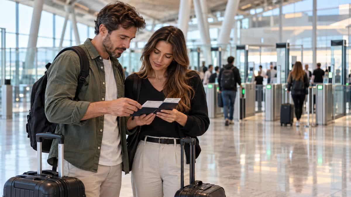 Couple reviewing travel documents at lisbon airport - travel and tour world A couple checks travel documents beside their luggage at an airport border gate.