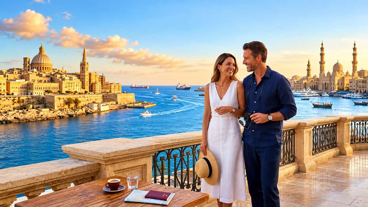 Couples enjoying a scenic mediterranean harbour view from a sunlit terrace with historic limestone architecture domes boats and turquoise sea at golden hour - travel and tour world Couples enjoying a scenic mediterranean harbour view from a sunlit terrace, with historic limestone architecture, domes, boats and turquoise sea at golden hour.