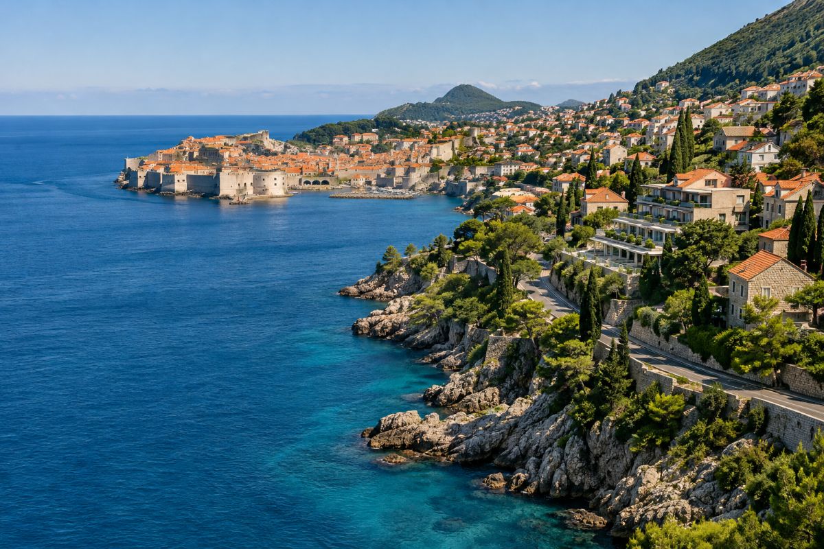 Dubrovnik-inspired coastline with red-roofed buildings, seaside hotels and a winding road beside the blue adriatic sea.