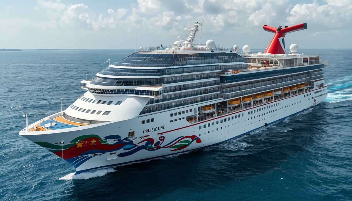 A detailed view of a carnival cruise line ship docked at sea, highlighting modern vacation amenities and passenger travel experiences.