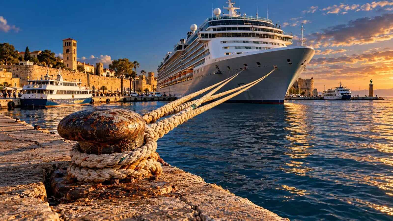 Illustrative harbour scene in rhodes accompanying greece cruise travel coverage of a mooring incident.