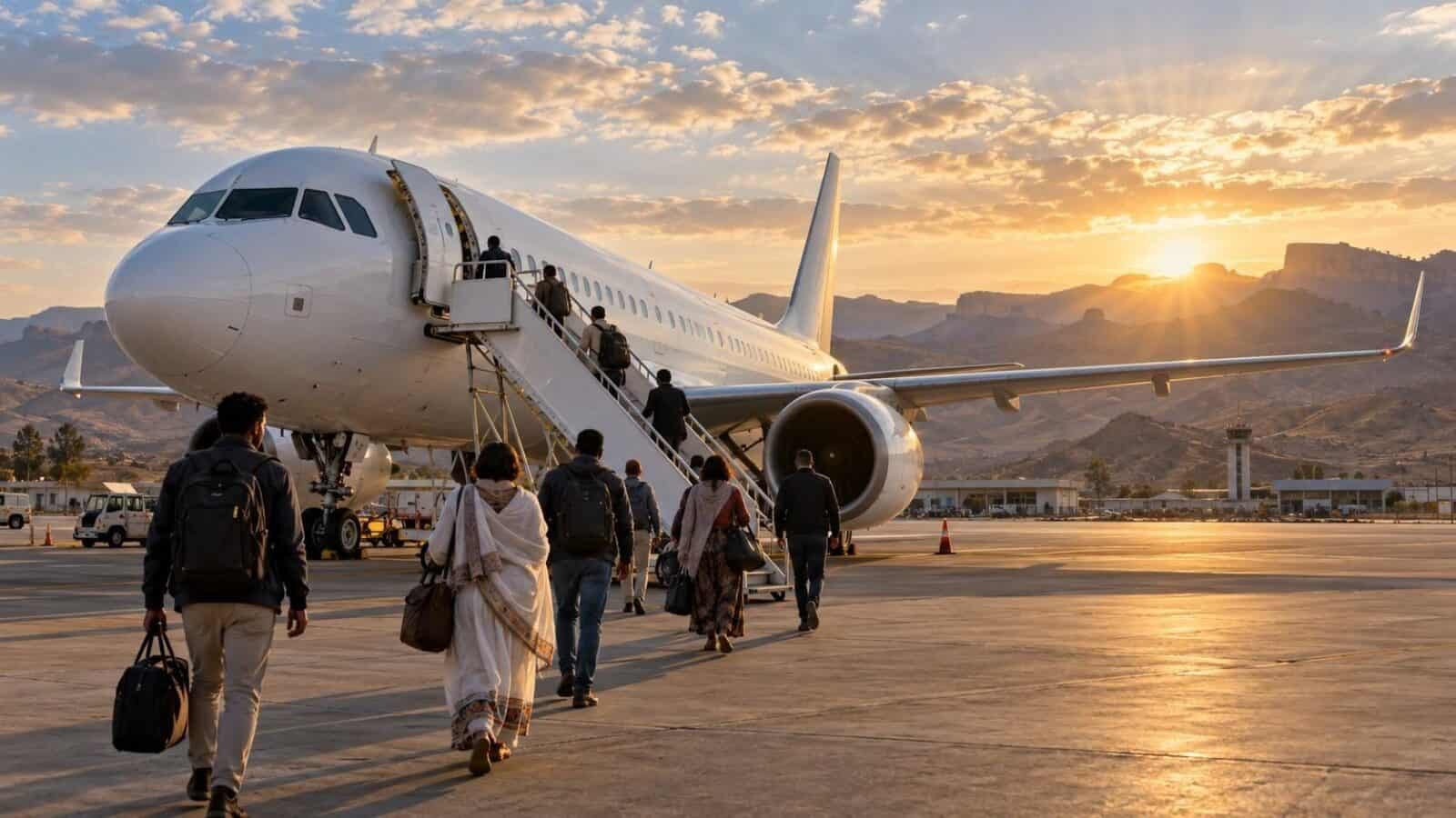 Ethiopia - travel and tour world Illustrative airport scene representing restored mekelle air travel, with passengers approaching an unbranded aircraft.