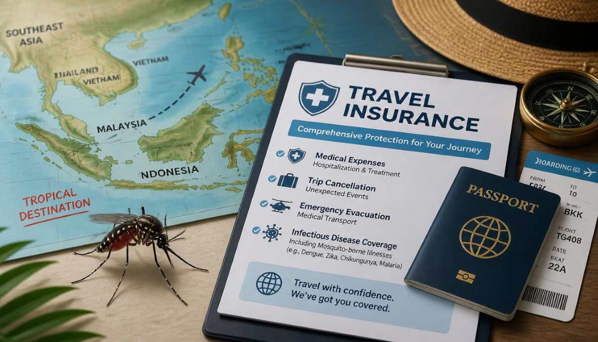 A conceptual medical illustration depicting a dengue near a tropical travel map alongside modern travel insurance documentation.