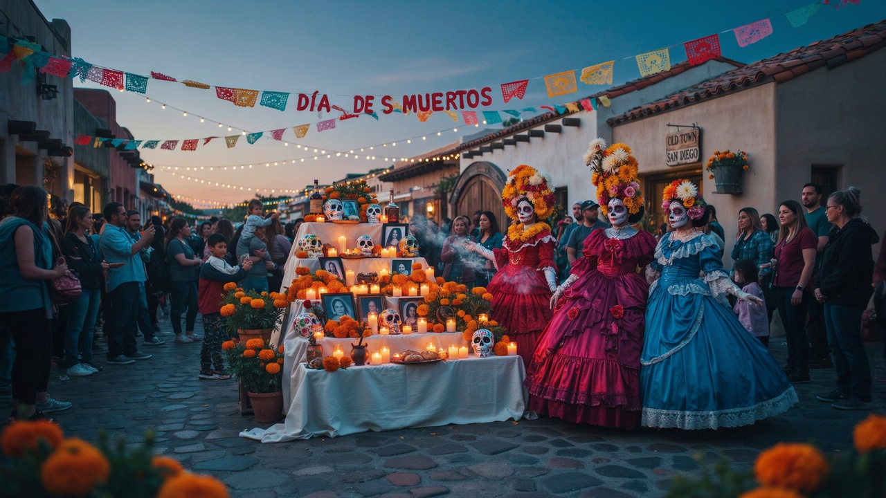 Vibrant traditional ofrenda altar adorned with marigolds and candles during the d&iacute;a de los muertos celebration in old town san diego