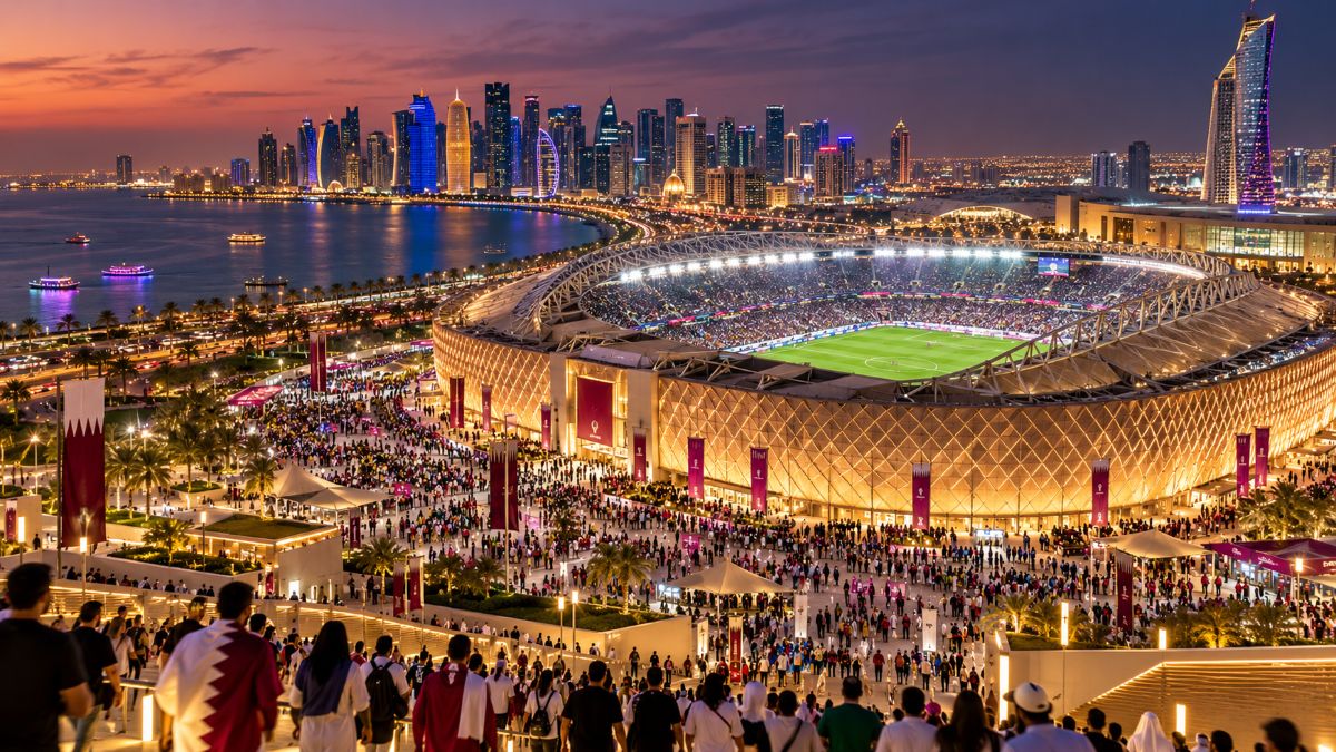 Doha stadium - travel and tour world Qatar stadium illuminated for the fifa intercontinental cup 2026 final amid doha's international tourism attractions.