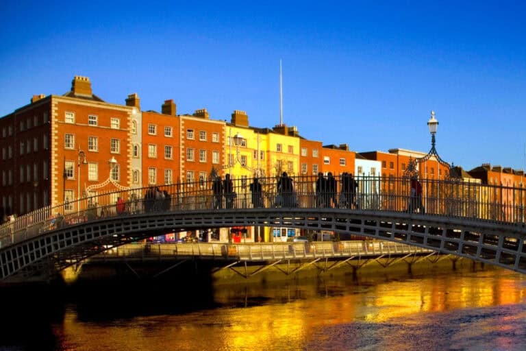 Travellers on the bridge on the riverside in Dublin