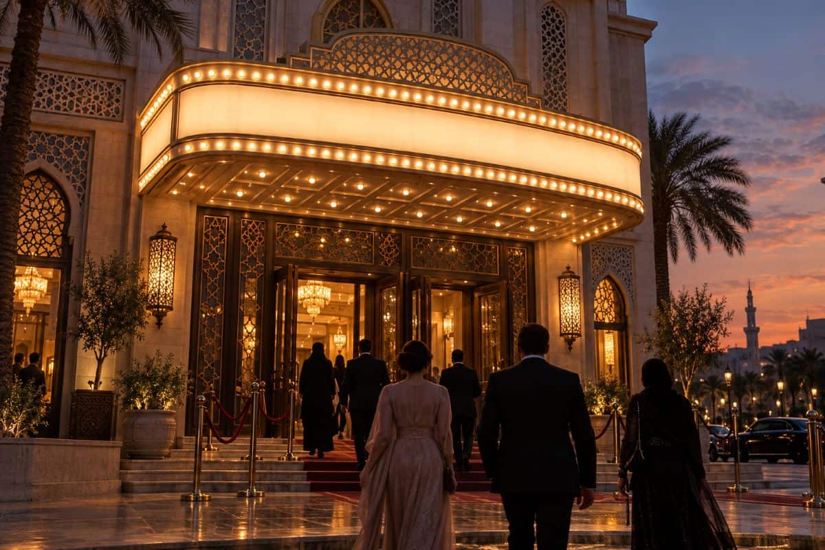 Indonesia is now offering more to see as the madani film festival enriches cultural travel in jakarta - travel and tour world Guests viewed from behind entering a vintage cinema at dusk, beneath warm marquee lights and islamic geometric architectural details