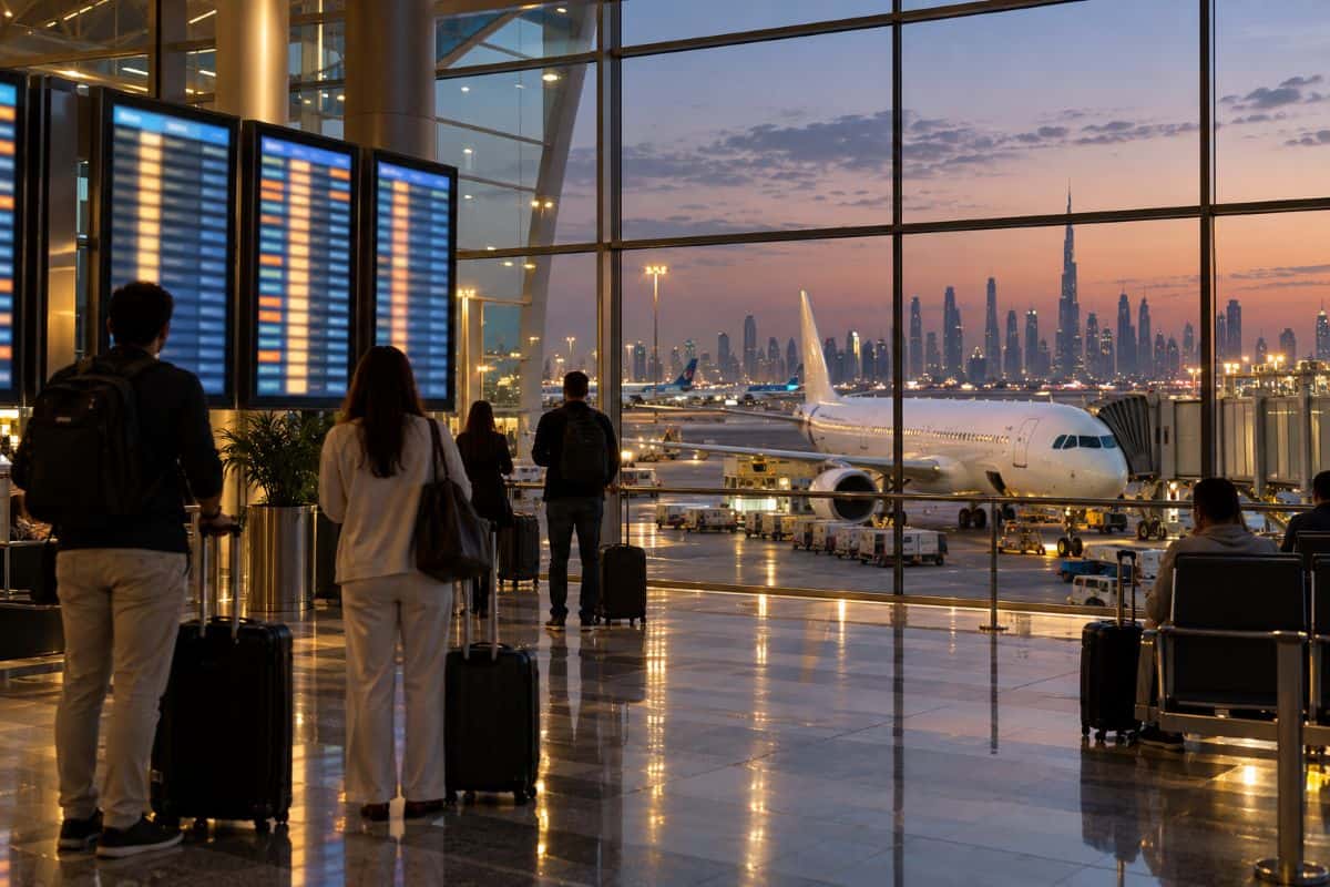Uae travel advice explains what you must know now as dubai and abu dhabi face holiday disruption risks - travel and tour world Travellers with luggage wait near departure boards as an aircraft and dubai’s skyline appear through terminal windows at dusk