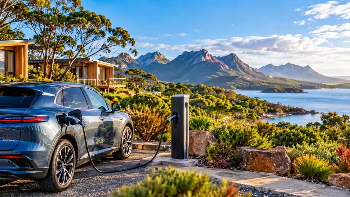 Electric car plugged into destination charging station at scenic regional holiday park in tasmania - travel and tour world Electric car plugged into destination charging station at scenic regional holiday park in tasmania
