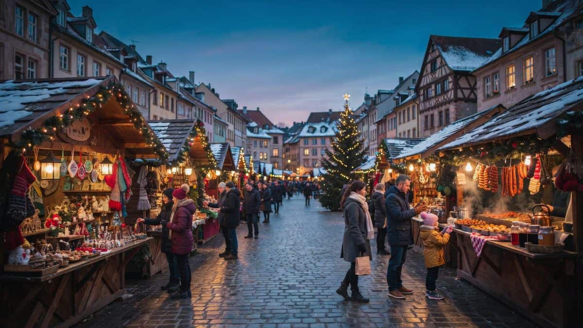 Europe christmas markets - travel and tour world European christmas market stalls glowing at dusk among historic buildings and winter visitors