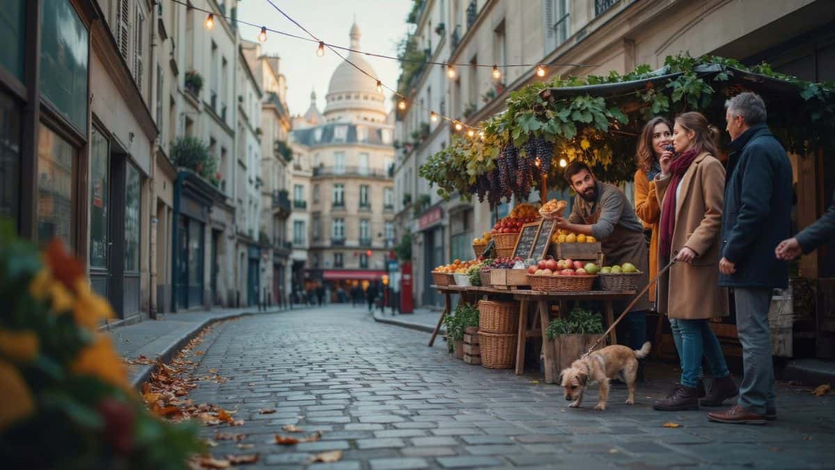 Europe autumn festivals - travel and tour world Visitors explore montmartre’s autumn harvest festival in paris among market stalls and grapevine decorations.