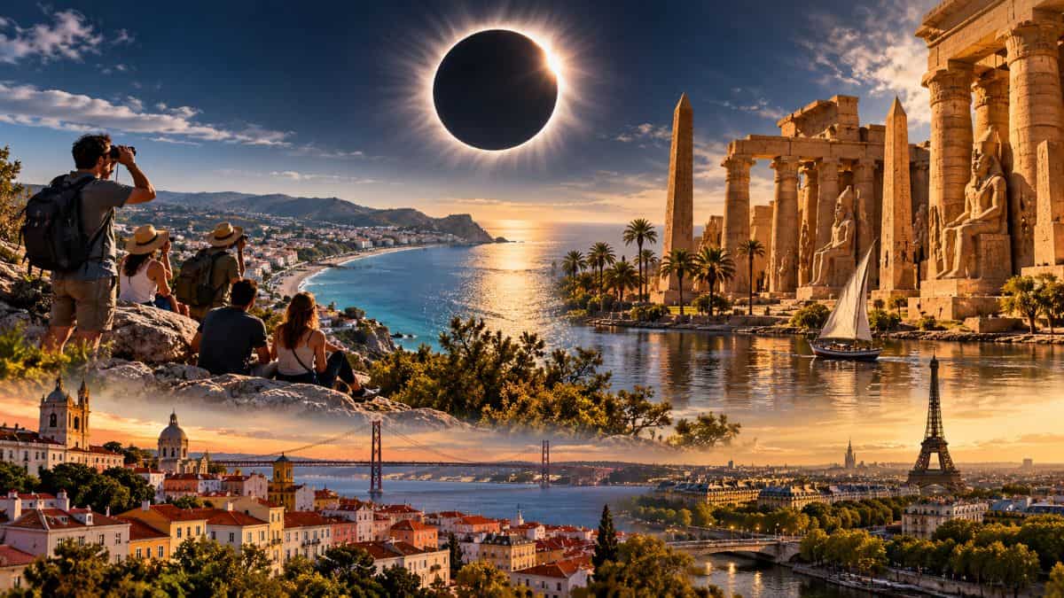 2027 total solar eclipse travel across southern spain and egypt with travellers viewing the solar corona