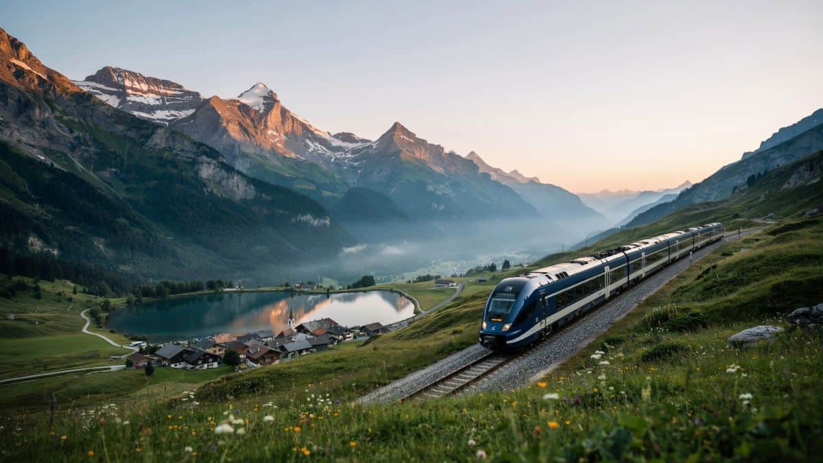 Europe rail holidays - travel and tour world Modern overnight train travels through the swiss alps beside an alpine lake at sunrise