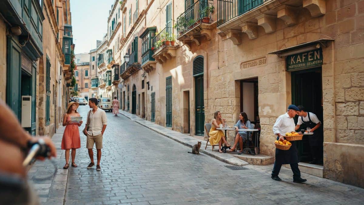 Visitors walk past valletta&rsquo;s limestone buildings as caf&eacute; staff serve customers on a sunny summer day in malta.