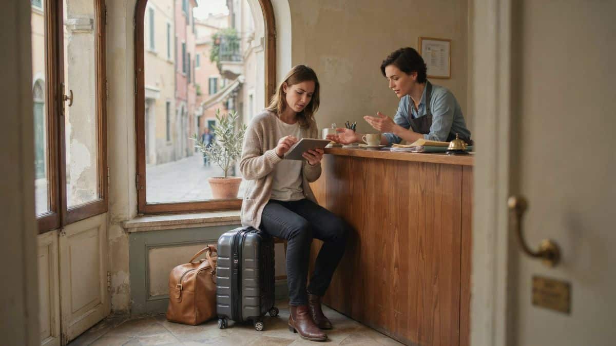 Europe tourist tax - travel and tour world Traveller reviews a hotel bill on a tablet at a european hotel reception, with luggage nearby.