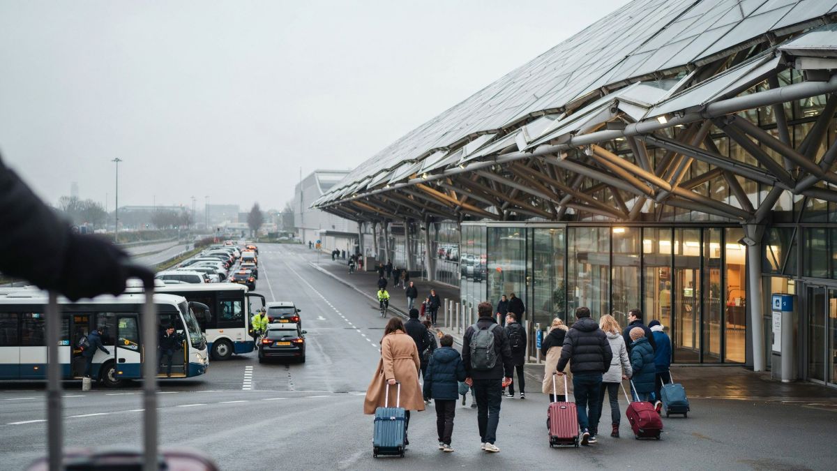 Travellers with luggage face airport bus disruption and taxi queues outside amsterdam schiphol airport.