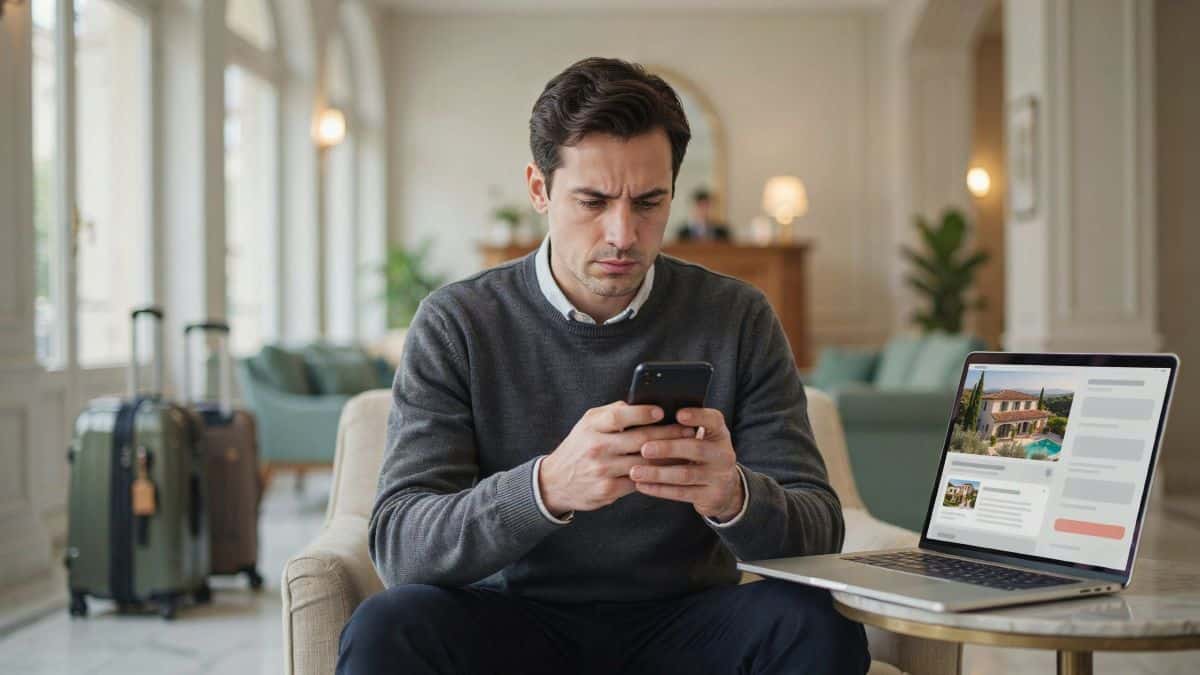 Traveller checks a hotel booking message beside a laptop in a european hotel lobby.