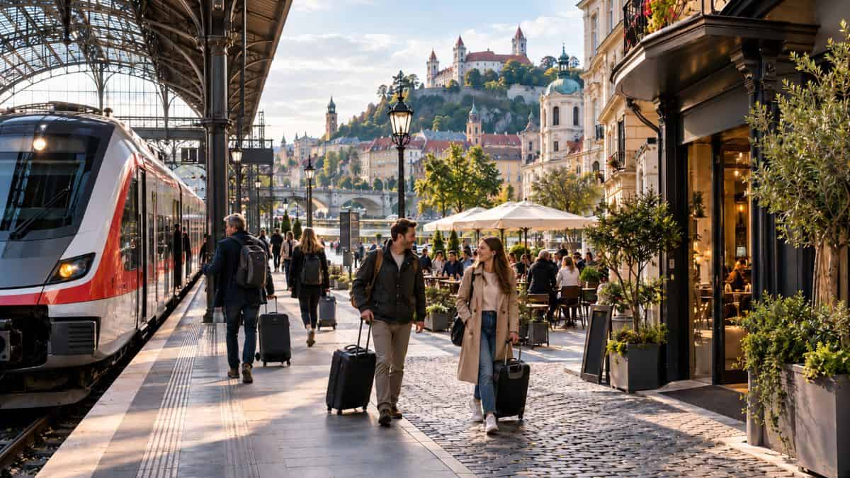 European-station-promenade-with-hilltop-castle-1 - travel and tour world European station promenade with hilltop castle