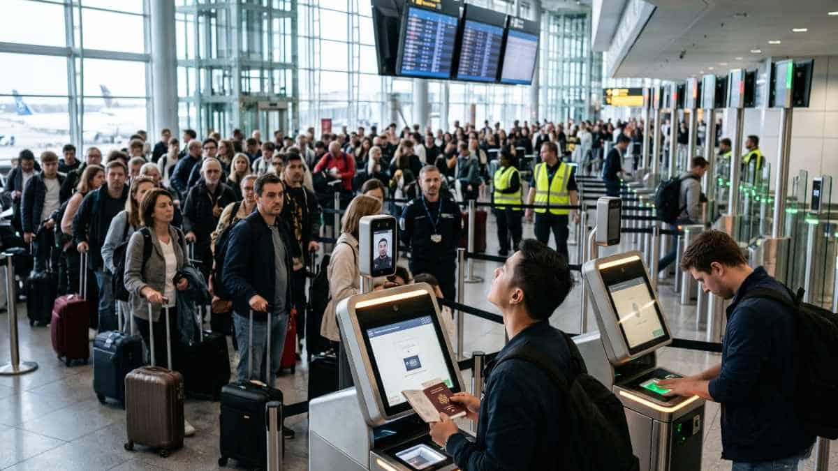 European airports biometrics - travel and tour world Travelers use biometric self-service kiosks for passport and fingerprint verification before automated e-gates, with long passenger queues stretching through a busy european airport terminal.