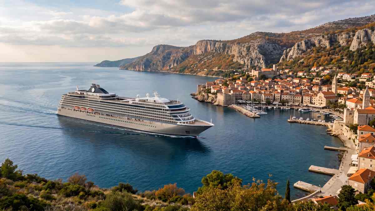 A luxury cruise ship sails through calm mediterranean waters toward a historic european coastal town framed by autumn-tinted hills.