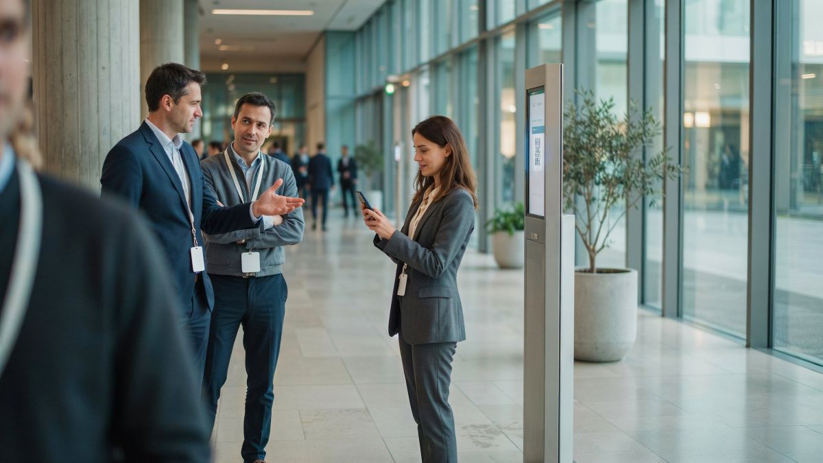 Business delegate scans a qr code at a registration kiosk in a modern european conference centre.