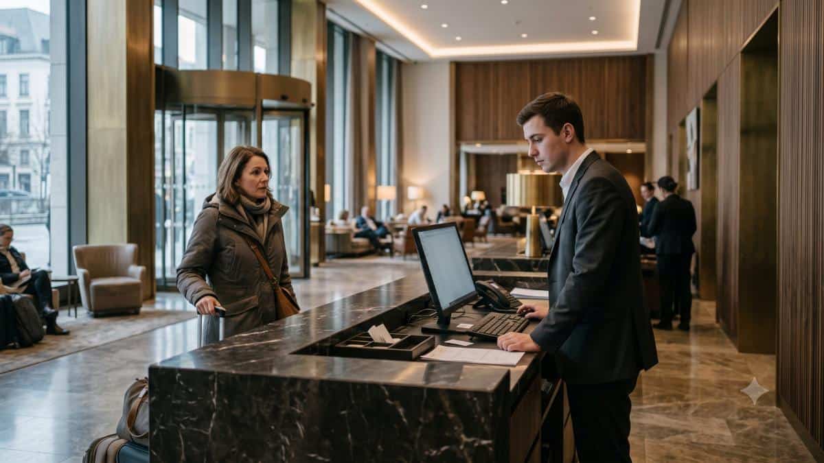 European hospitality service - travel and tour world A tired, expressionless hotel receptionist types on a computer behind a dark marble counter while a female guest with luggage waits for assistance in a luxury, warmly lit european hotel lobby.