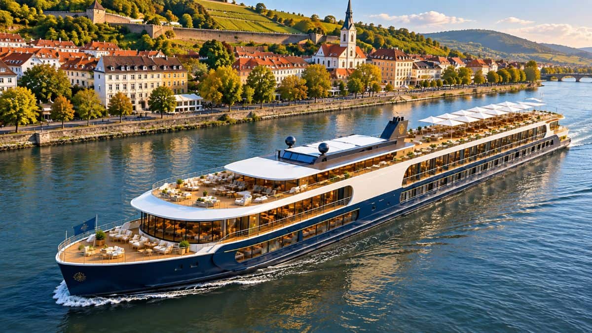 Explora journeys luxury cruise ship sailing gracefully along european scenic waterways near coastal shipyard docks.