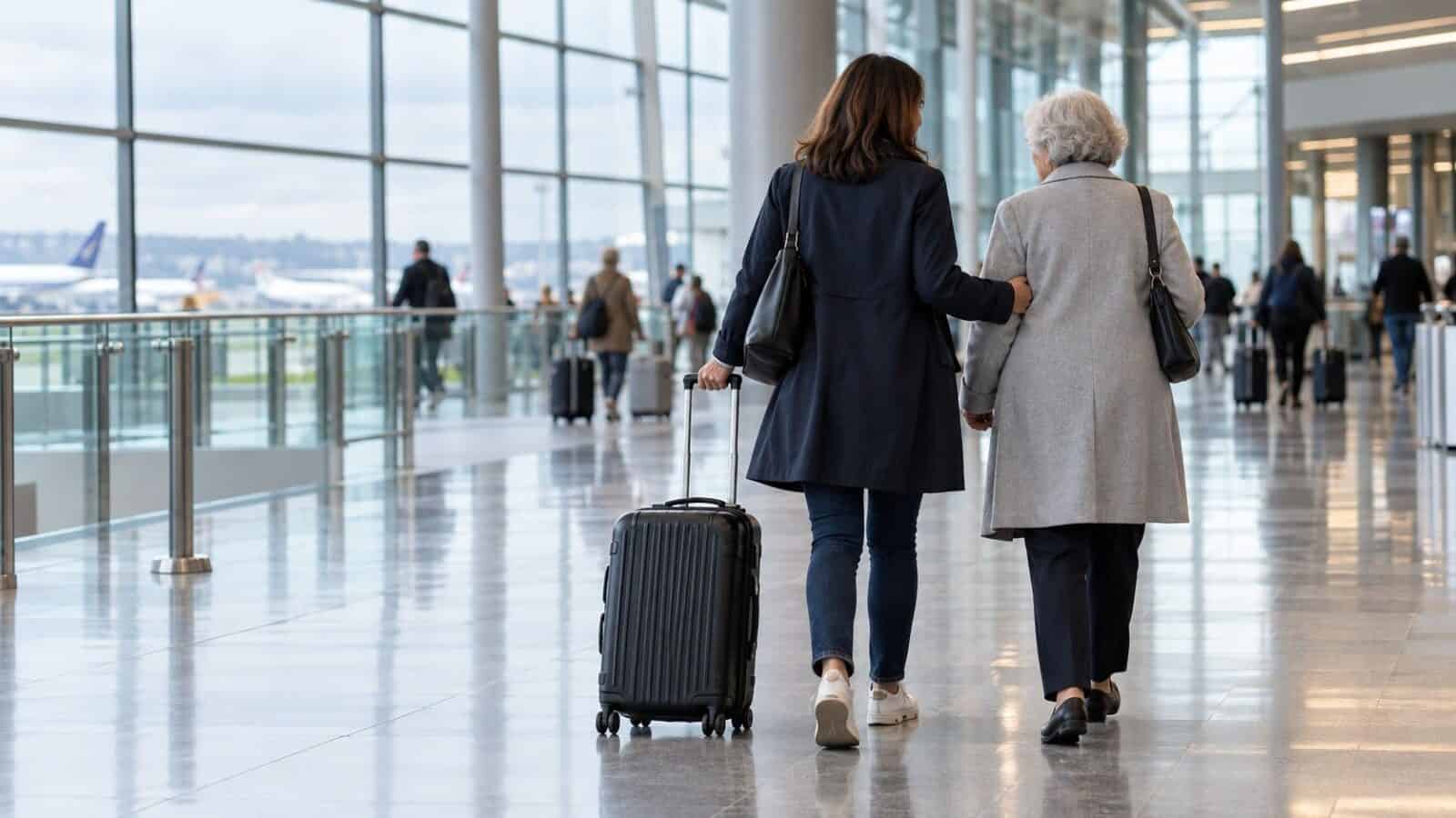 Uk travel guidance - travel and tour world Traveller with luggage accompanying an older relative through an airport, illustrating the uk travel guidance update.