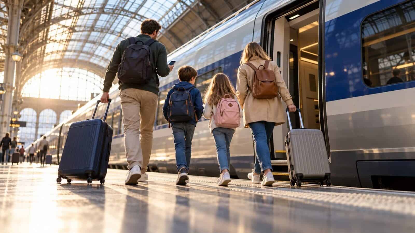 Family with suitcases beside a high-speed train, illustrating uk family travel costs and cross-channel journeys.