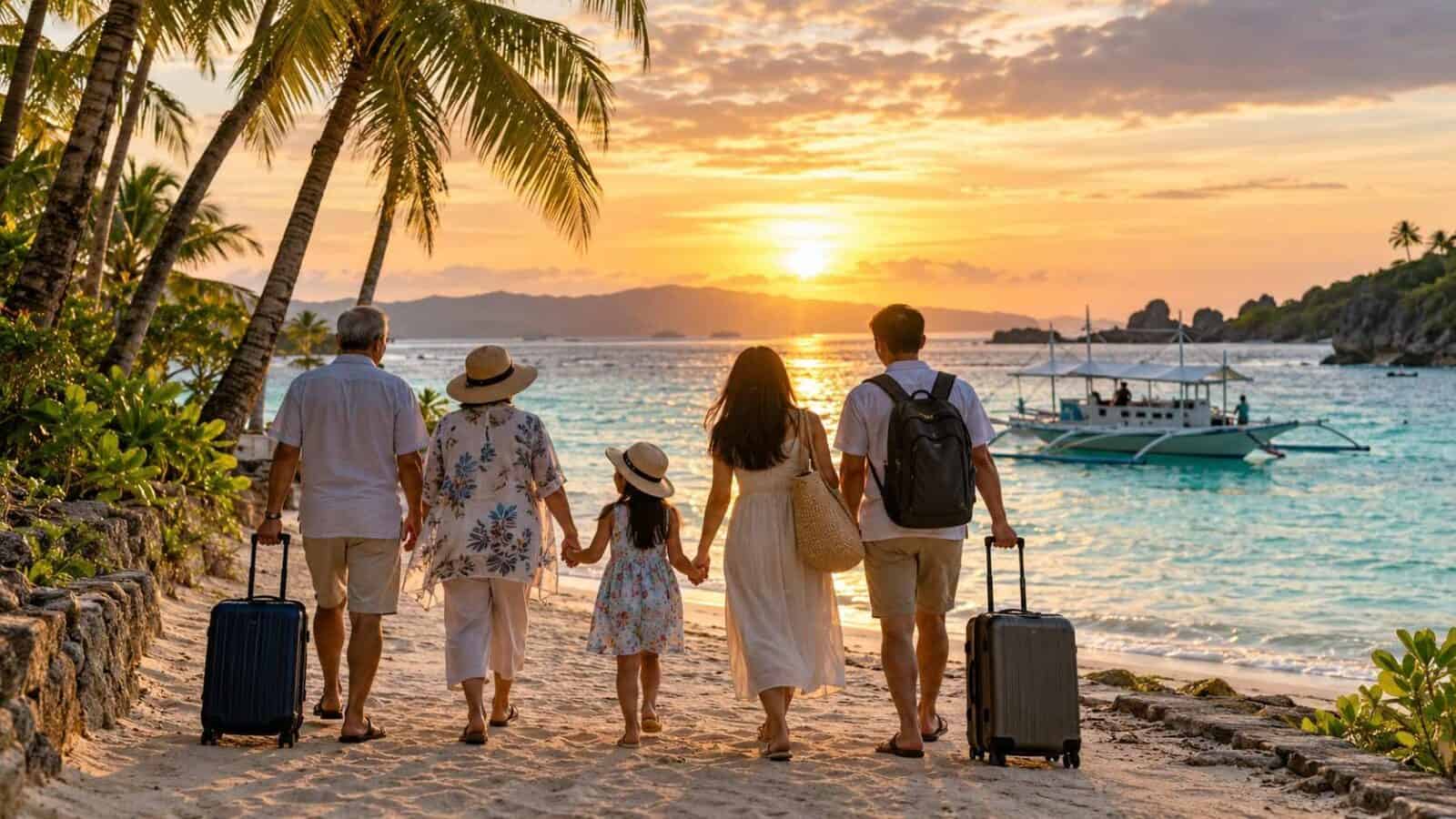 Philippines travel - travel and tour world Philippines travel illustration showing a multigenerational family with luggage beside boracay’s shoreline.