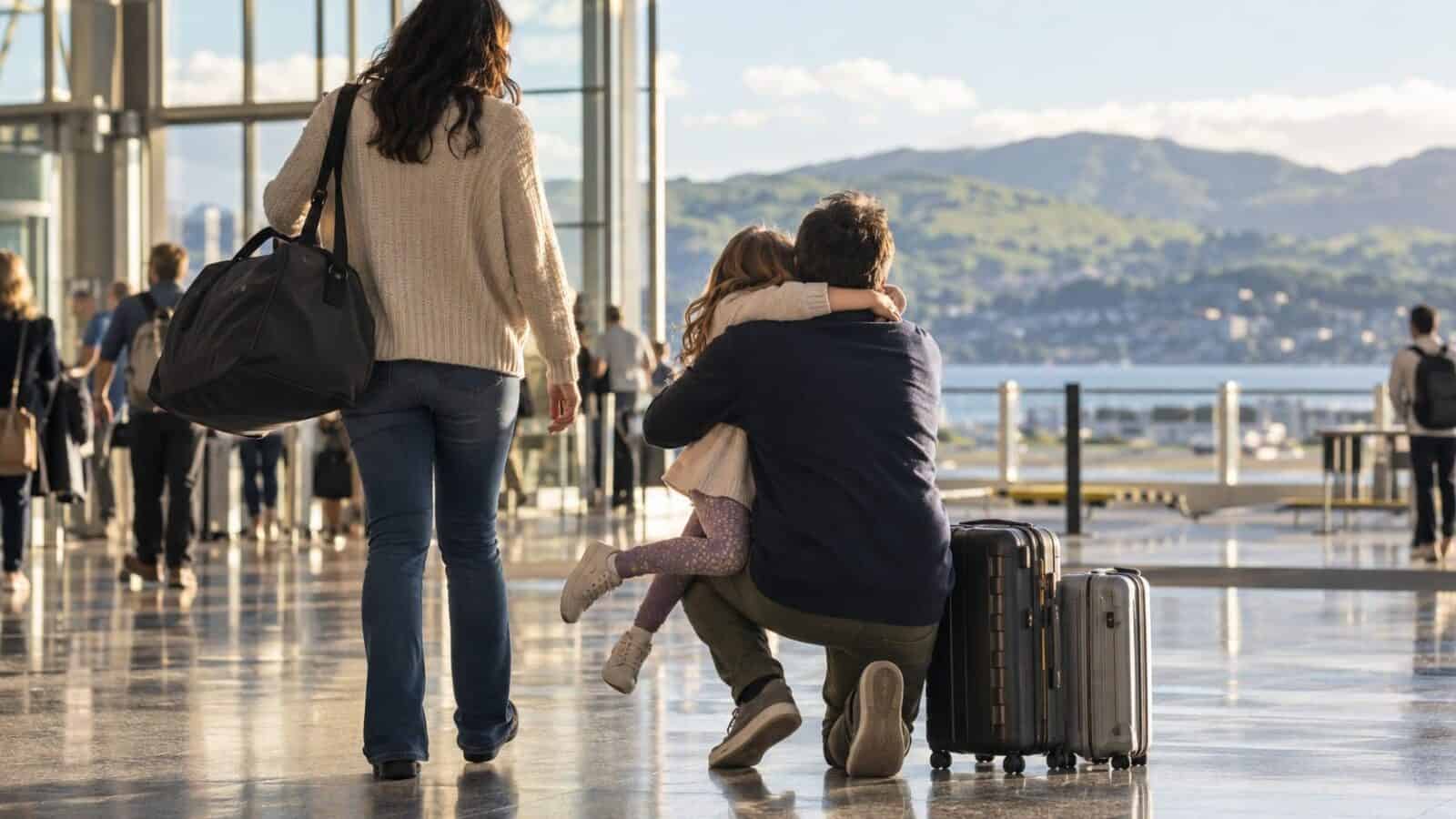 Parent and child embracing at a new zealand airport, illustrating longer eligible family visits.