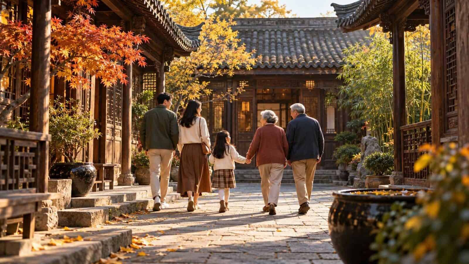 China family travel illustration showing three generations exploring a traditional sichuan courtyard.