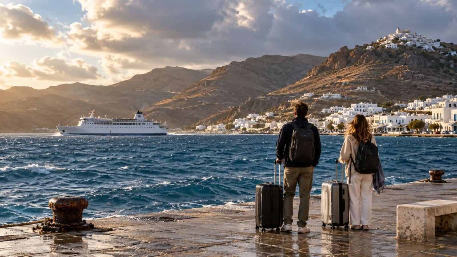 Greece - travel and tour world Illustrative view of serifos harbour and an offshore ferry during greece travel disruption.