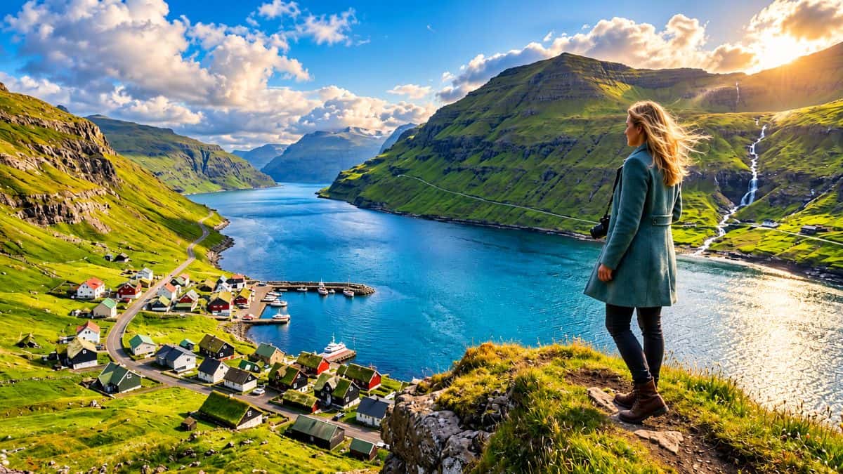Traditional faroese turf-roof houses overlooking a dramatic fjord in the north atlantic countryside