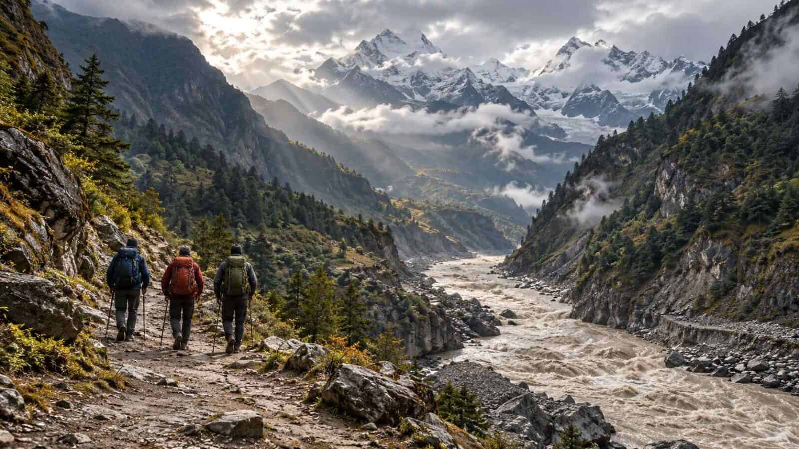 Nepal travel illustration showing trekkers above a muddy himalayan river in a steep mountain valley.