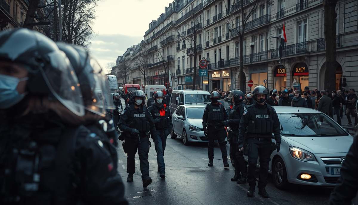 France - travel and tour world A police barricade set up on a major street in france during an active public protest, with security officers monitoring surrounding traffic.