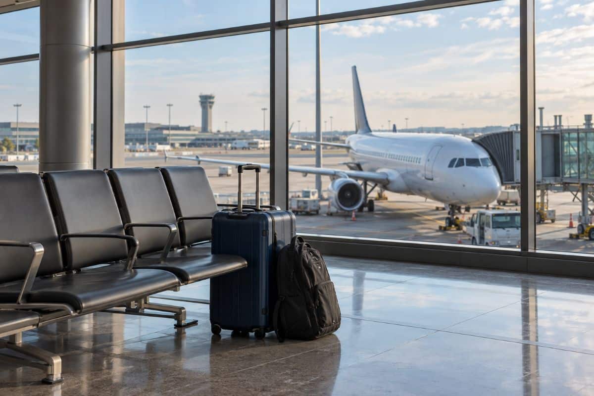 France and other eu nations are now set to boost passenger rights from 2027 with better travel support - travel and tour world Suitcase and backpack beside empty airport seats, with a passenger aircraft visible through large terminal windows