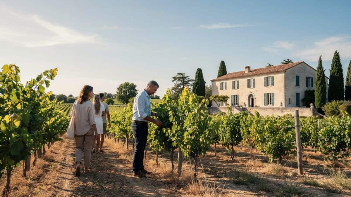 France is putting wine tourism in the spotlight as cognac builds new links to unlock more trips and stays - travel and tour world Visitors walk between vineyard rows beside a traditional stone estate as a man examines the vines