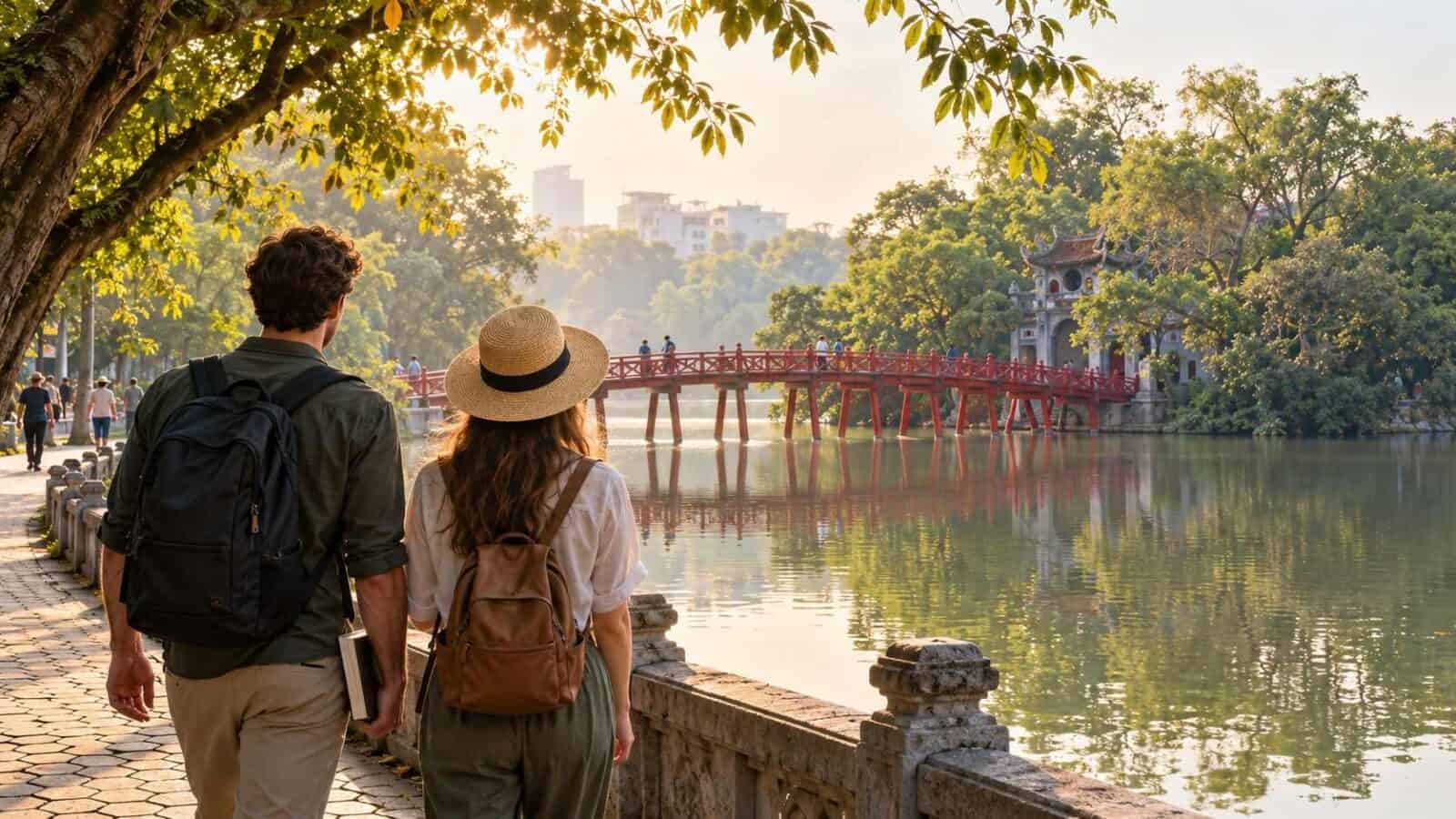 Vietnam - travel and tour world Autumn travel in vietnam with visitors beside hoan kiem lake and hanoi’s red huc bridge.