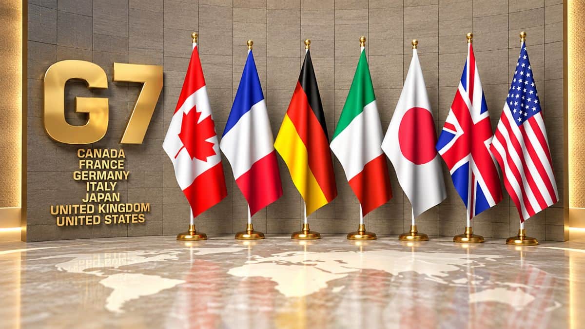 G7 summit backdrop featuring the flags of canada france germany italy japan the united kingdom and the united states displayed in a grand diplomatic conference setting - travel and tour world G7 summit