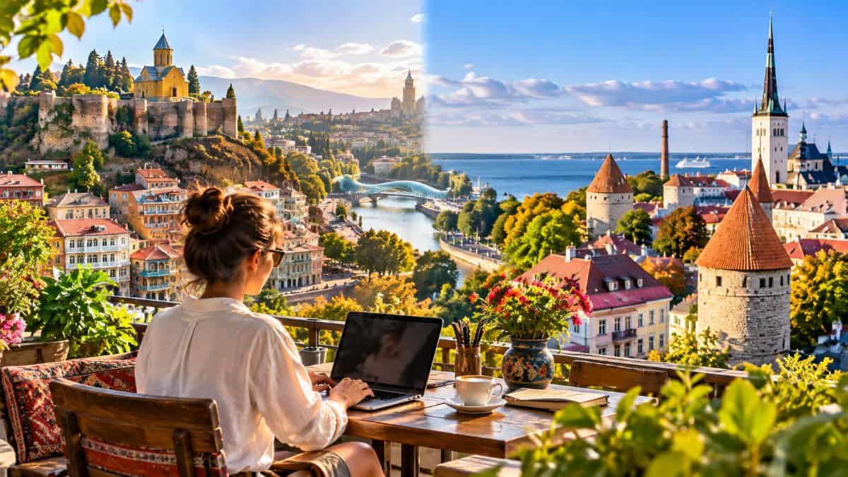 Urban skyline representing international digital nomad travel, with modern buildings and city architecture illustrating destinations for remote workers in 2026. - travel and tour world Georgia travel