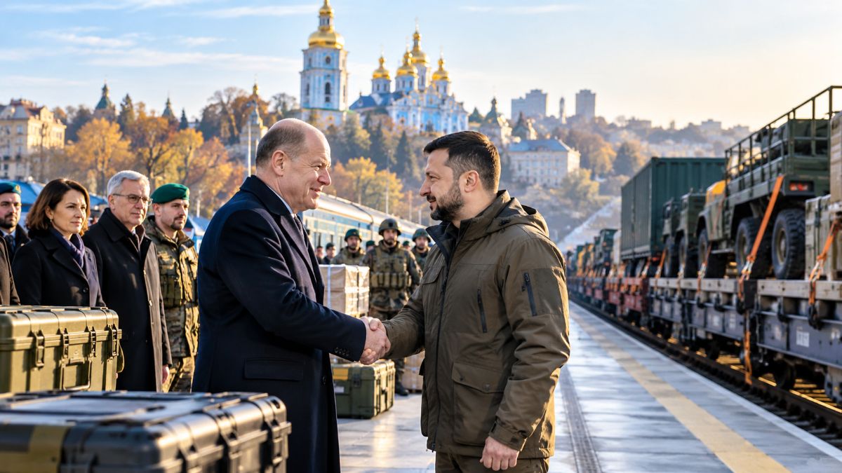 Germany and ukraine leaders meet in kyiv as military equipment is transported by rail during a critical energy and defence crisis.